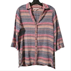Foxcroft NYC Striped V-neck Button-Up shirt Women's size 10 boho Linen Viscose